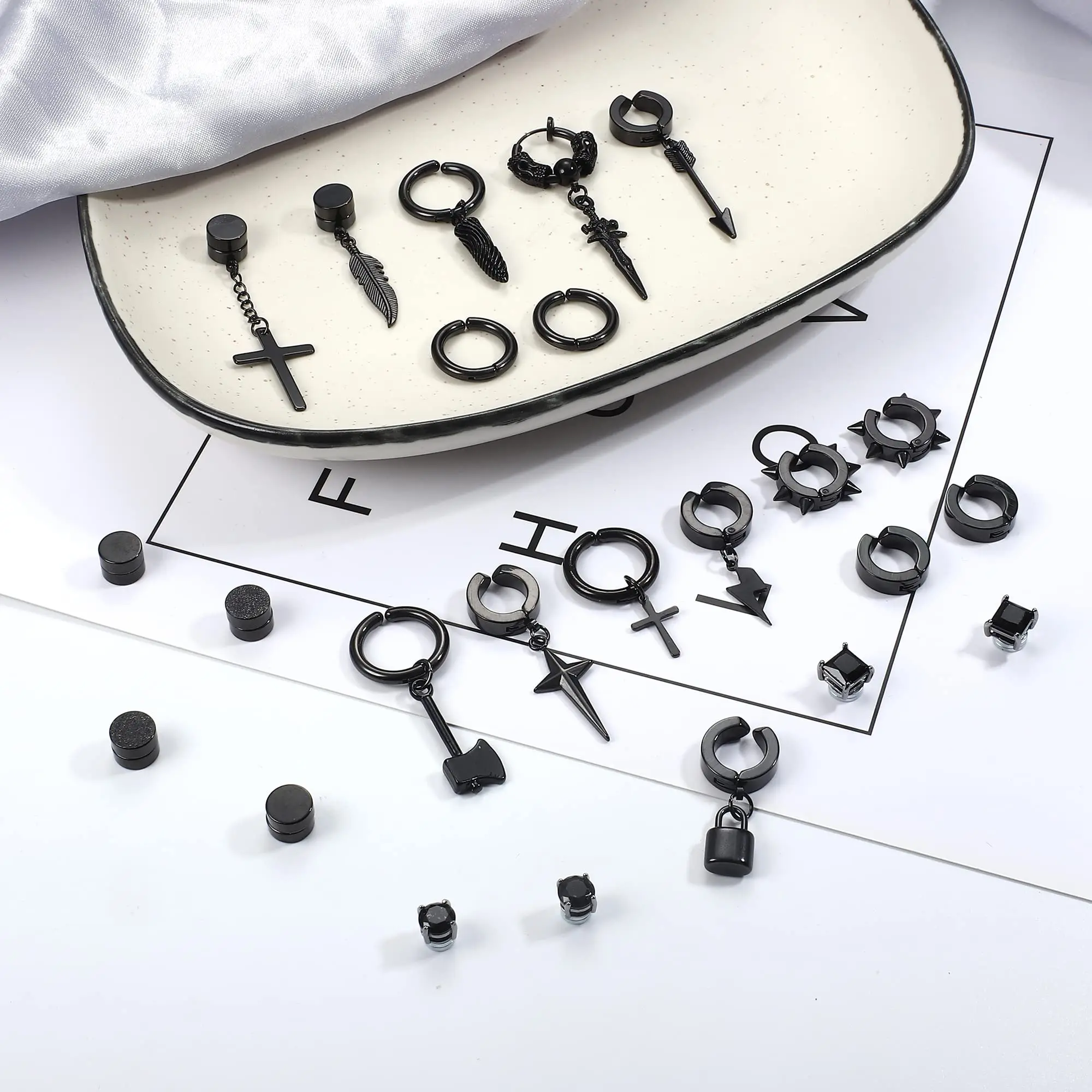2 Pcs Black Stainless Steel Fake Clip on Earrings Cross Chain Dangle Earrings Non Pierced Huggie Hoop for Men Women hoop earrings ear clip earrings clip earrings ear clip ear accessories