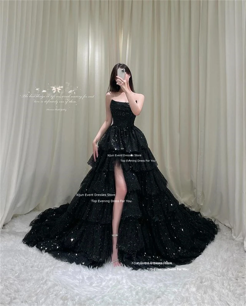 Xijun Glitter Black Long Evening Dresses Tiered Sleeveless Korean Wedding Dresses Photo Shoot Formal Prom Dresses Customized