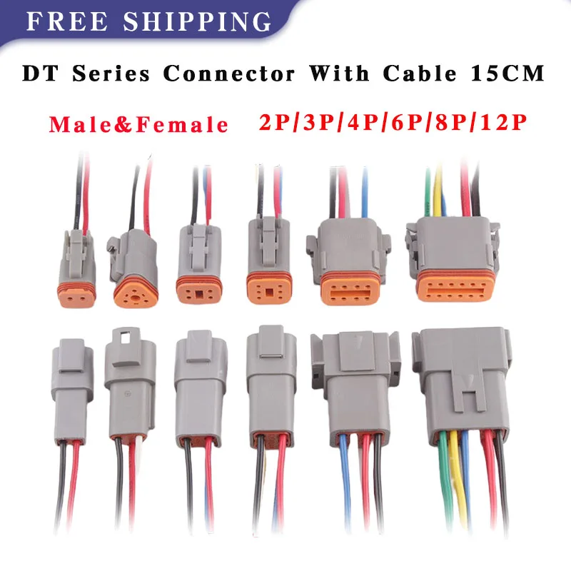ชุดขั้วต่อซีรีส์ Deutsch DT 5/20/100ชุดพร้อมสายเคเบิล DT-2P 15ซม./3P/4P/6P/8P/12P ปลั๊กกันน้ำสำหรับยานยนต์ 1
