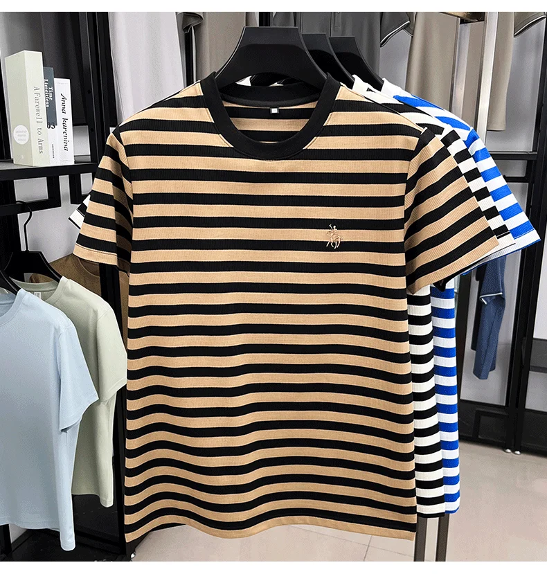 High-End-Herren-Kurzarm-T-Shirt der Modemarke Paul Pony, besticktes, sommerliches, bequemes, lässiges, klassisches, gestreiftes Rundhals-Top – Detail 7