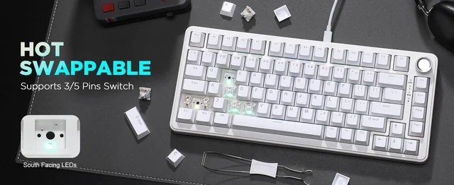 YUNZII B75 ホワイト RGB メカニカルキーボード、ノブ付き 75