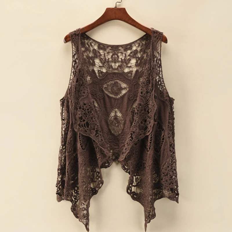 

Летняя свободная кружевная Солнцезащитная рубашка без рукавов, Женская пляжная блузка с отверстиями и шалью, женский модный тонкий кардиган, пальто, одежда 25908