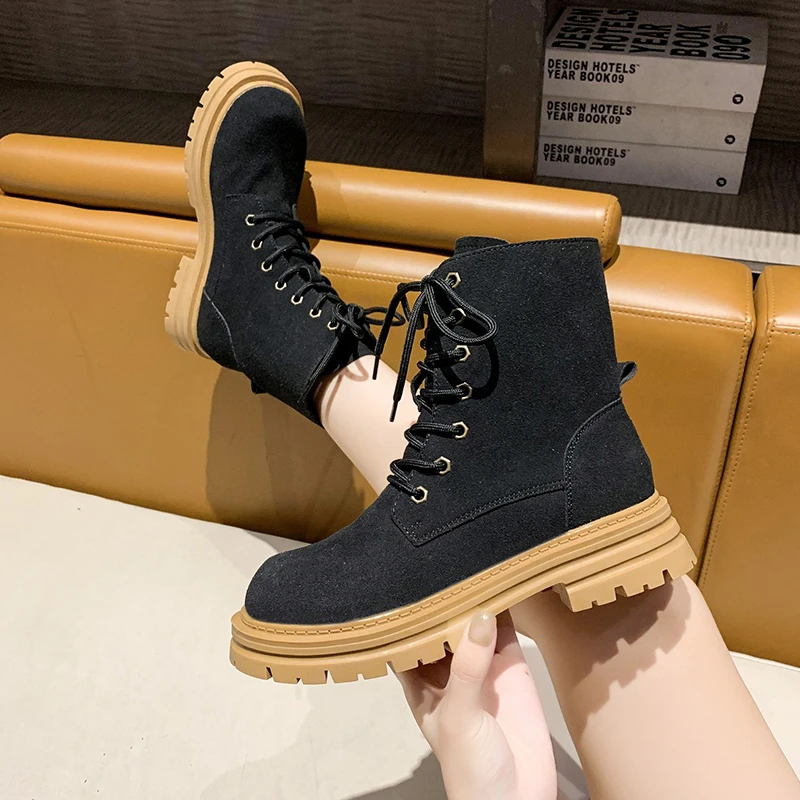 

Women's Boots Autumn Chelsea Short Boots Fashion Breathable Thick Sole Mid Calf Lace-Up Boots of Women Non-slip Boots
