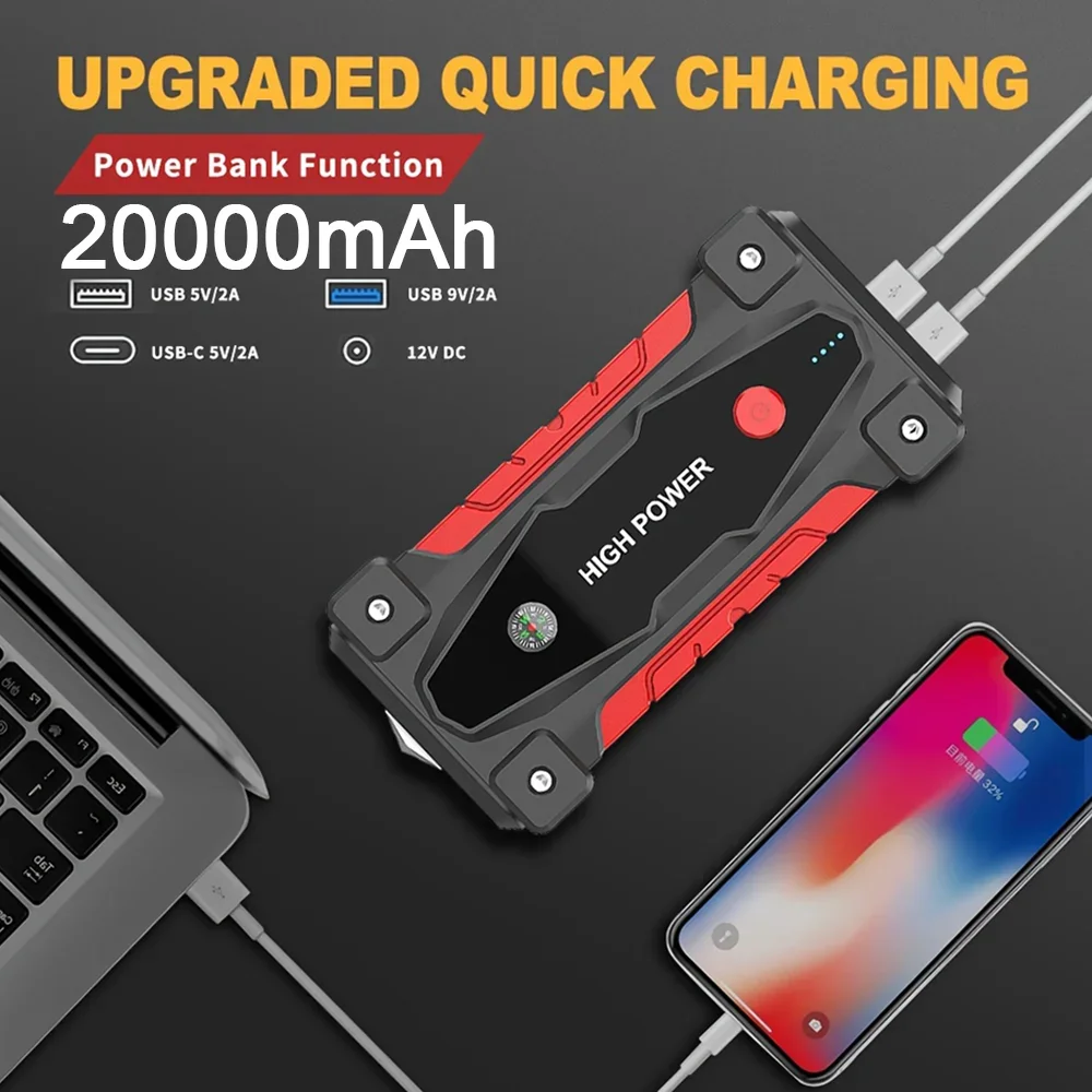 2500A Car Emergency Battery Booster for 8.0L Gas/6.0L Diesel Engines Built in Safety Hammer QC3.0 Fast Charging Dual USB Ports