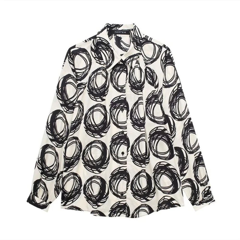 Taop & Za 여성 폴로 칼라 긴팔 프린트 셔츠 와이드 팬츠 세트, 캐주얼 패션, 용수철 신제품