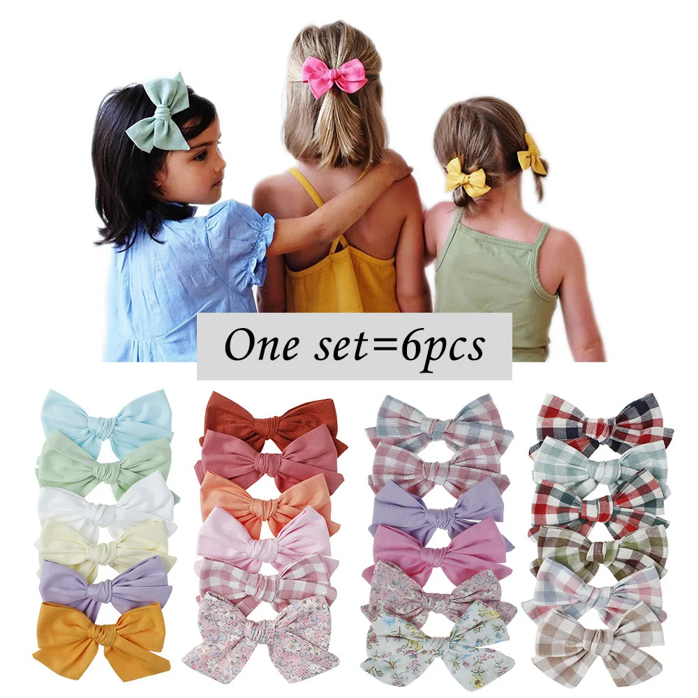 

6Pcs/set 2022 New Children's Plaid Flower Bow Hairpin Baby Solid Color Full Covered Clip Combination Set