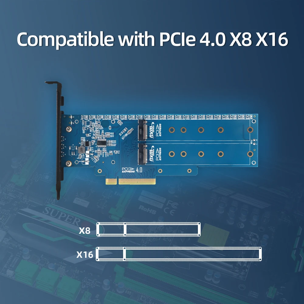 Dual M.2 PCIe SSD Adapter Card, PCIe x8 / x16 to Dual NVMe or AHCI M.2  SSDs, PCI Express 4.0, 7.8GBps/Drive, Bifurcation Required - Windows/Linux