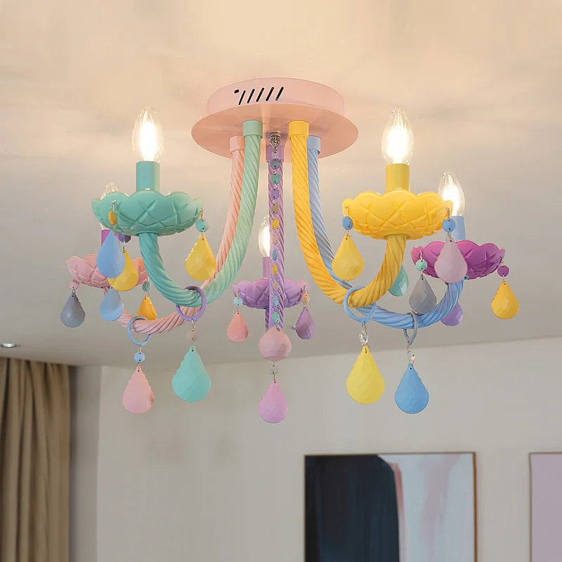 Rainbow Crystal Chandelier 110V/220V European Candle lustres Children's Bedroom Princess Makaron Lamps