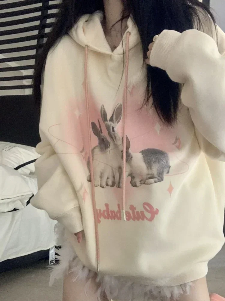 

Deeptown Japanese Y2k Cute Rabbit Yellow Hoodies Women Gyaru Kawaii Egirl Long Sleeve Oversize Loose Hooded Sweatshirts Winter