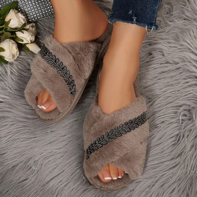 Fashion Crystal Decor Faux Fur Slippers Women Autumn Winter Cross Band Home Slides Woman Comfort Flat Solt Plush Slippers Female