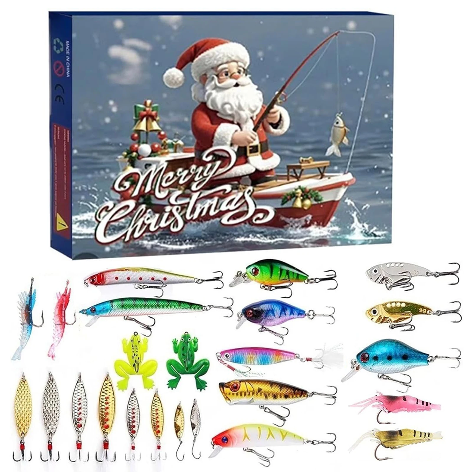 Calendario dell'Avvento da Pesca 2025 Conto alla Rovescia Natalizio di 24 Giorni con Set di Esche da Pesca Regalo Perfetto per Pescatori Adulti Uomini e Adolescenti