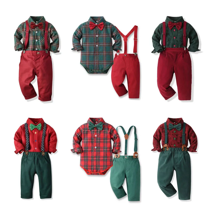 

0-2 Years Newborn Baby Boy Formal 2PCS Outfit Plaid Short Sleeve Shirt Top+Overall Pant Summer Gentlemen Suit Birthday Costumes