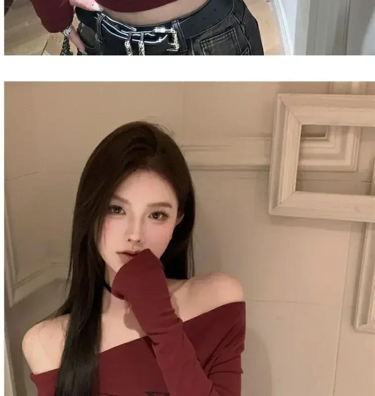 Camisetas de manga larga con cuello oblicuo para mujer, camisetas vintage sexys ajustadas, ropa de calle Y2k, camisetas para mujer, ropa nueva de primavera y verano