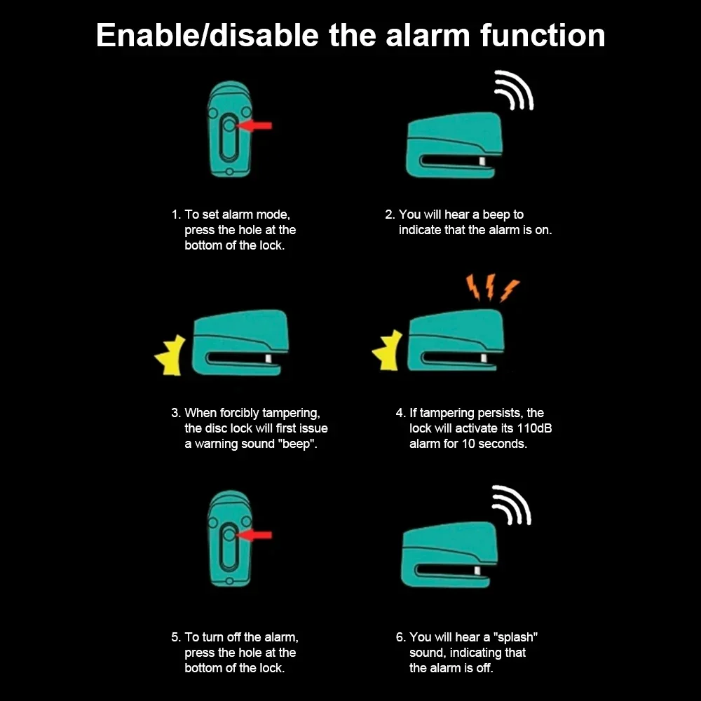 Motorcycle Bicycle Lock 110dB Alarm Protection Padlock Waterproof Brakelock with Keys Safety Anti-Theft Wheel Disc Brake Lock