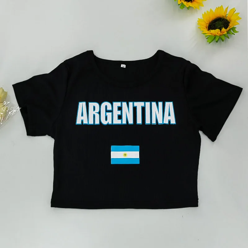 Nero Sexy Y2K Estate Crop Top Leo Messi Calcio Argentina Primavera Nuovo Cotone Lettera Ricamo Manica Corta T-Shirt Allentata Top