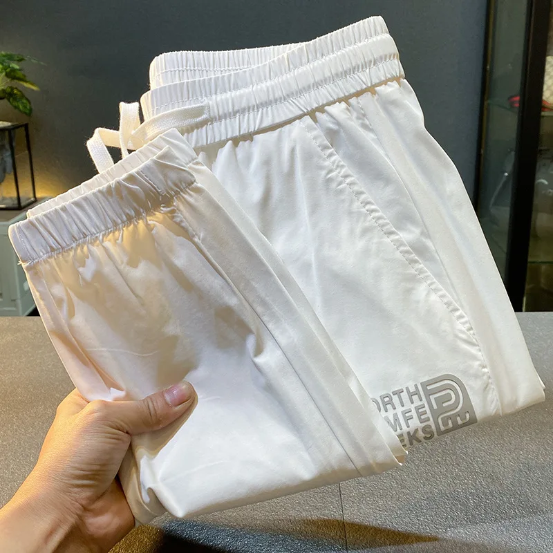 White Casual Pants Men's Summer Thin 2024 New Elastic Waist Slim Breathable Exercise Ankle-Tied Cropped Pants
