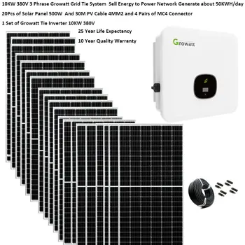 Solar Panel Kit Complete For Home 10000 w 5000w 380V 3 Phrase220v On Grid System Growatt Grid Tie Inverter  2 MPPT PV Panel 500W 1