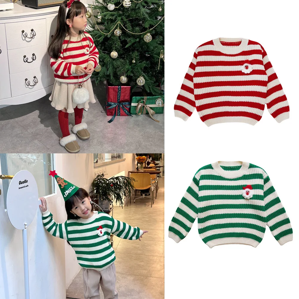 

Kids Sweates 2022 Christmas Boys Girls Stripe Knit Tops Sweaters Baby Child New Winter Cotton Outwear Clothes