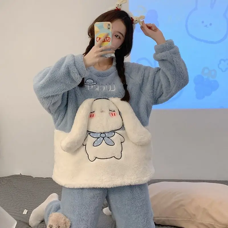 

Sanrio/Милая Пижама с круглым вырезом из кораллового флиса Cinnamoroll, милый плюшевый костюм с анимом для девочек, осенне-зимняя домашняя одежда для студентов