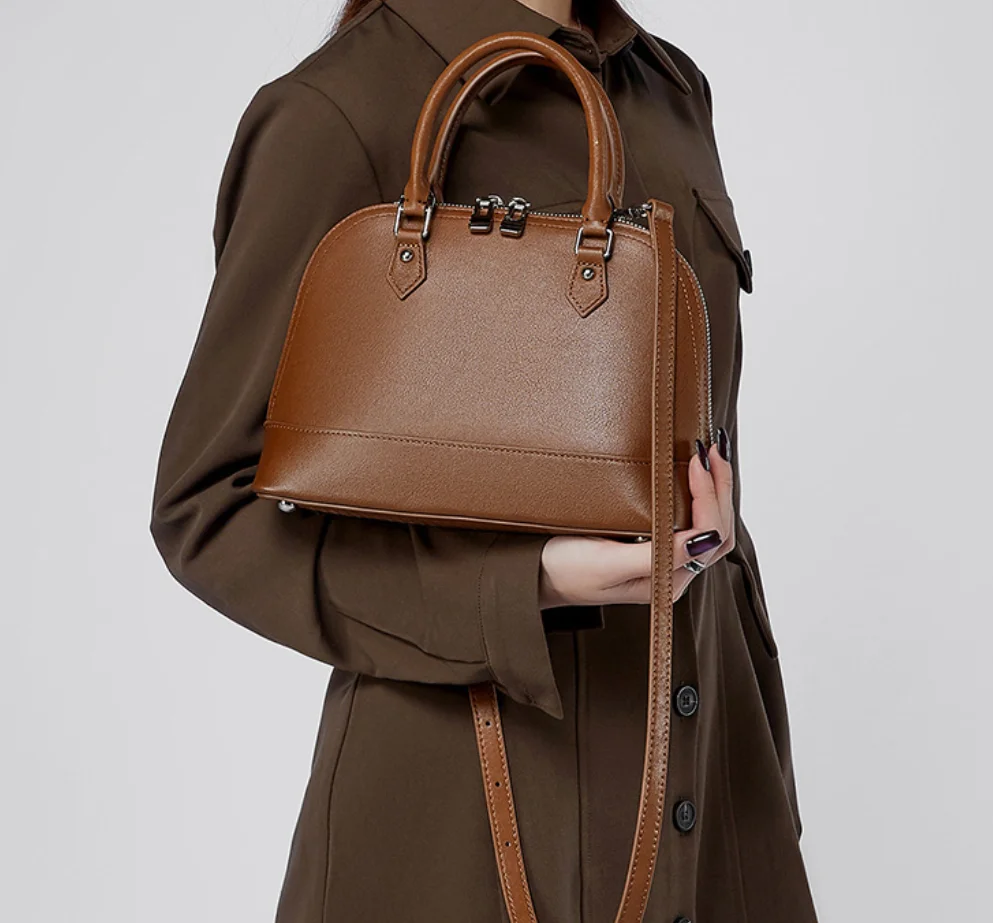 New Boston Bowling Handbag Single shoulder slant bag vintage casual Shell women's bag genuine Leather shopping hobo