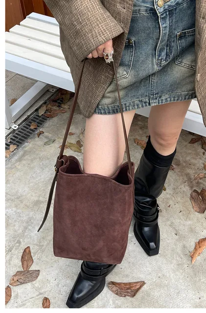 Suede Bucket Shoulder Bag 2pcs Set