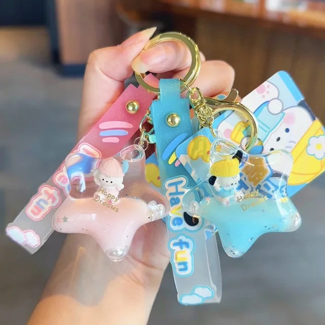 상품 정보: 창의적인 플로팅 액체 오각형 키체인, 만화 아크릴 퀵샌드 강아지 인형 키체인, 여성 키즈 가방 키링 선물