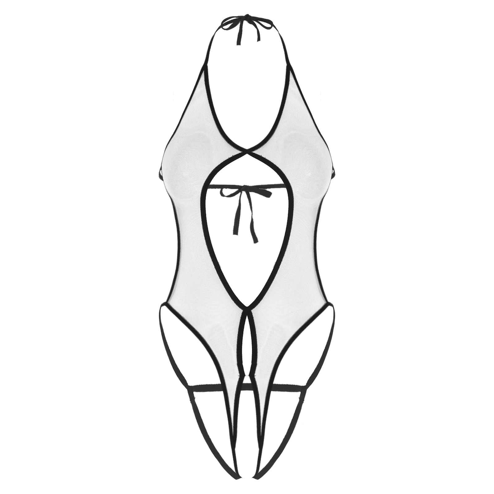 Women See-through Bikini Extreme Sling Shot One Piece Monikini Sexy Sheer Mesh Halter Lace-up Crotchless Lingerie Teddy Bodysuit