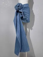 BKQU 2024 Summer Denim Mini Skirts Y2K Aesthetic 3D Flowers Design High Waist Micro Skirts Skinny Wrap Jeans Penceil Skirt Women - Image 6