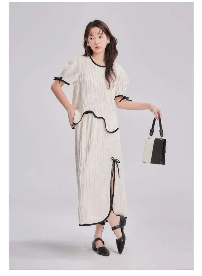 Korea Women'S Suit Long Skirt New Summer Fashion Solid Color Short Sleeve Skirt 2 Two Piece Set 2024