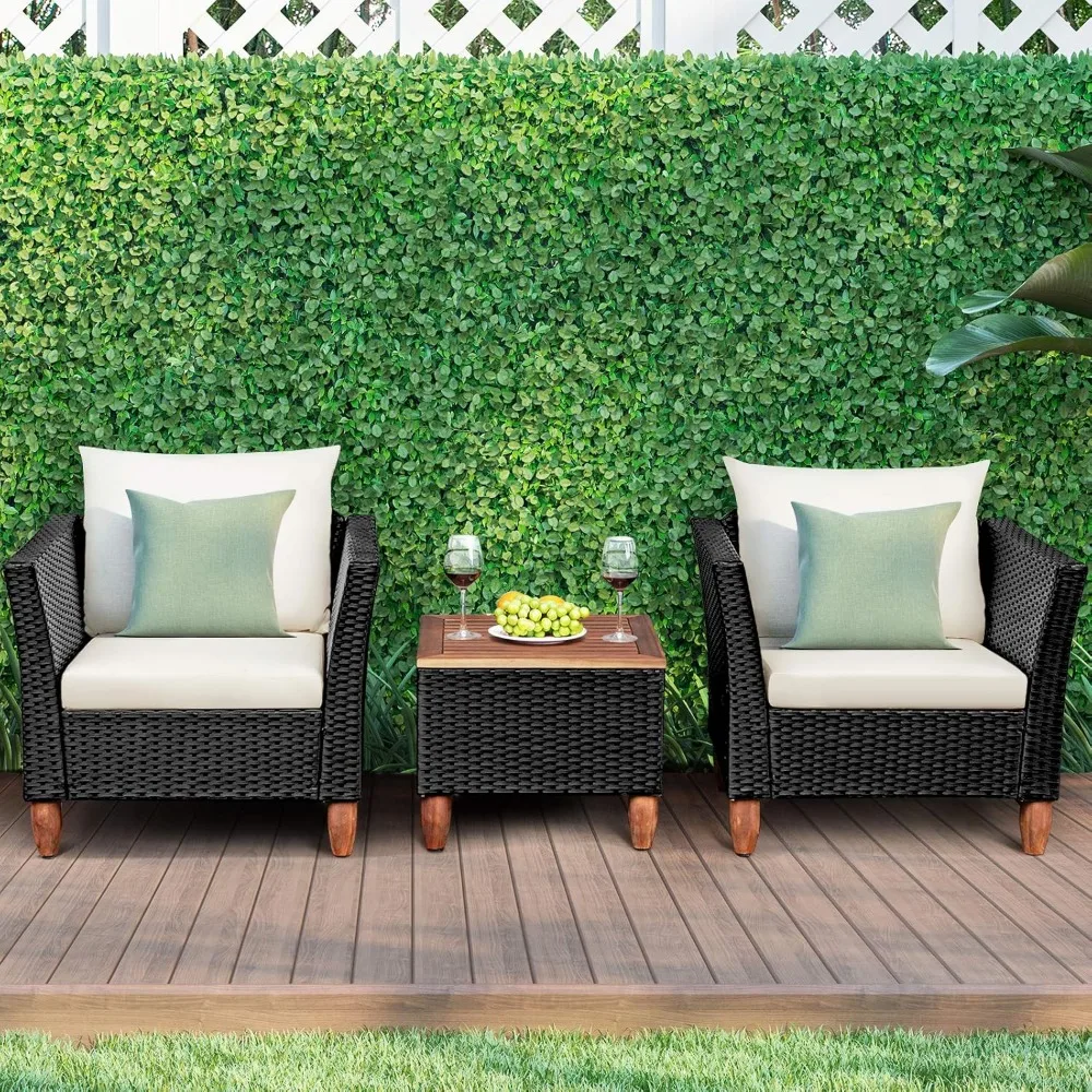 Patio Furniture Set, Patiojoy Outdoor Wicker Rattan Bistro Sofa Set w/Washable Cushion, Acacia Wood Top Coffee Table 4