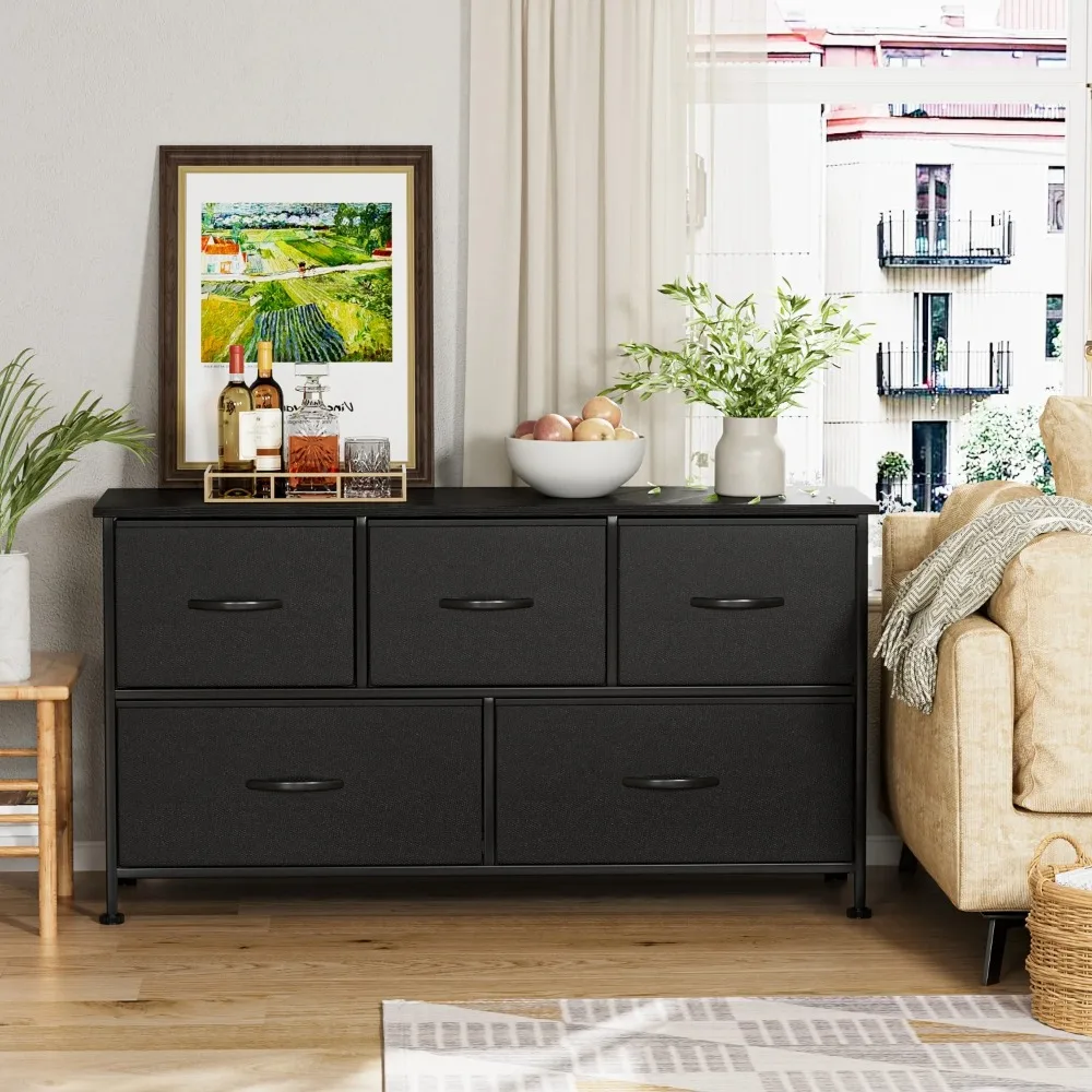 

Dresser for Bedroom with 5 Drawers, Wide Chest of Drawers, Fabric Dresser, Black, Suitable for Bedroom, Guest Room, Versatile