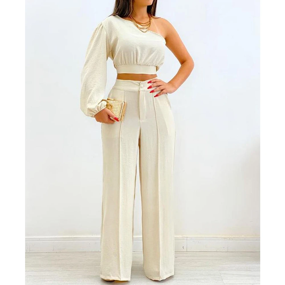 

Wepbel Wide Leg Trousers One Shoulder Crop Top Women 2 Piece Sets Outfits Irregular Oblique Shoulder Tops & High Waist Pants Set