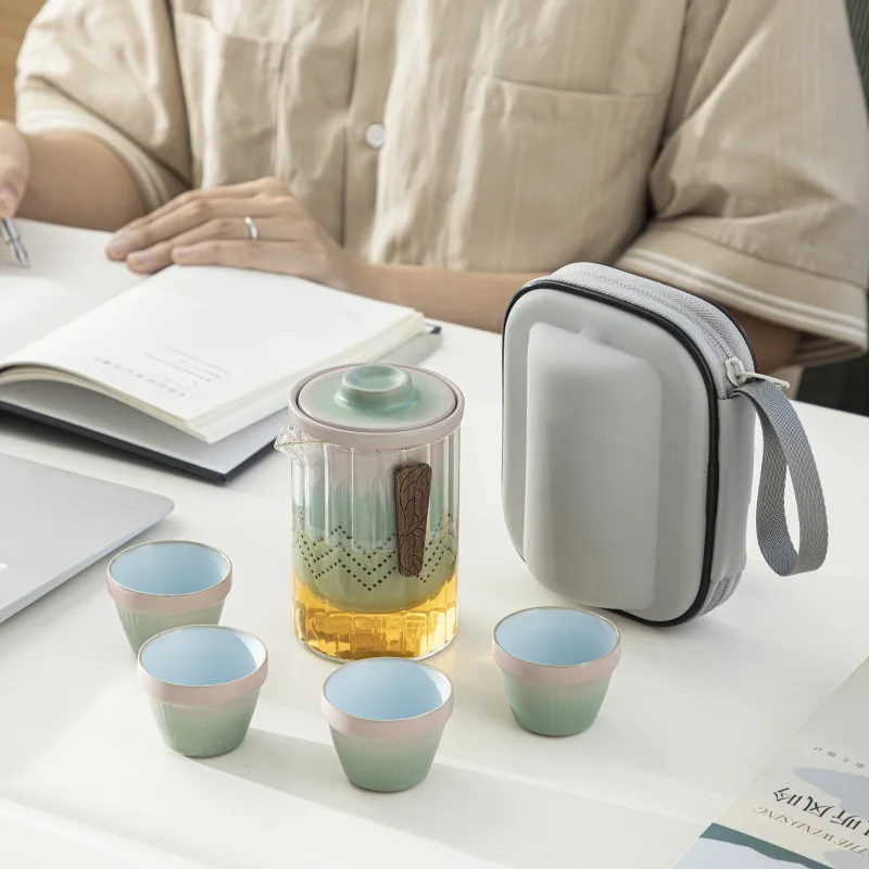 Ceramic Travel Kung Fu Portable Tea Set, Travel Express Cup, One Pot, 4 Cups, Car, Home, Office, Business Gifts, New