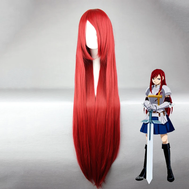 

Anime Fairy Tail Erza Scarlet Cosplay Long Wind Red Straight Heat Resistant Synthetic Hair Wigs+Free Wig Cap