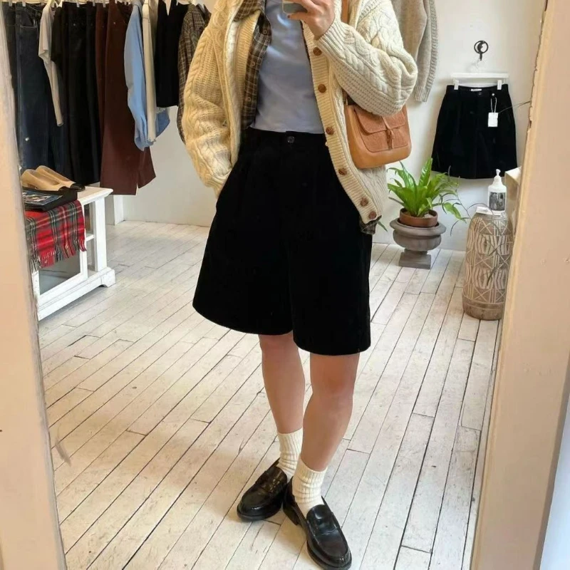 

High Waist Corduroy Wide Leg Casual Pants Black Medium Pants for Women