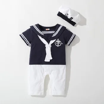 Baby Navy Romper Summer Newborn Kids Boys Girls Sailor Jumpsuit Hat 2Pcs Body Short Sleeve Anchor Printed Suit 2