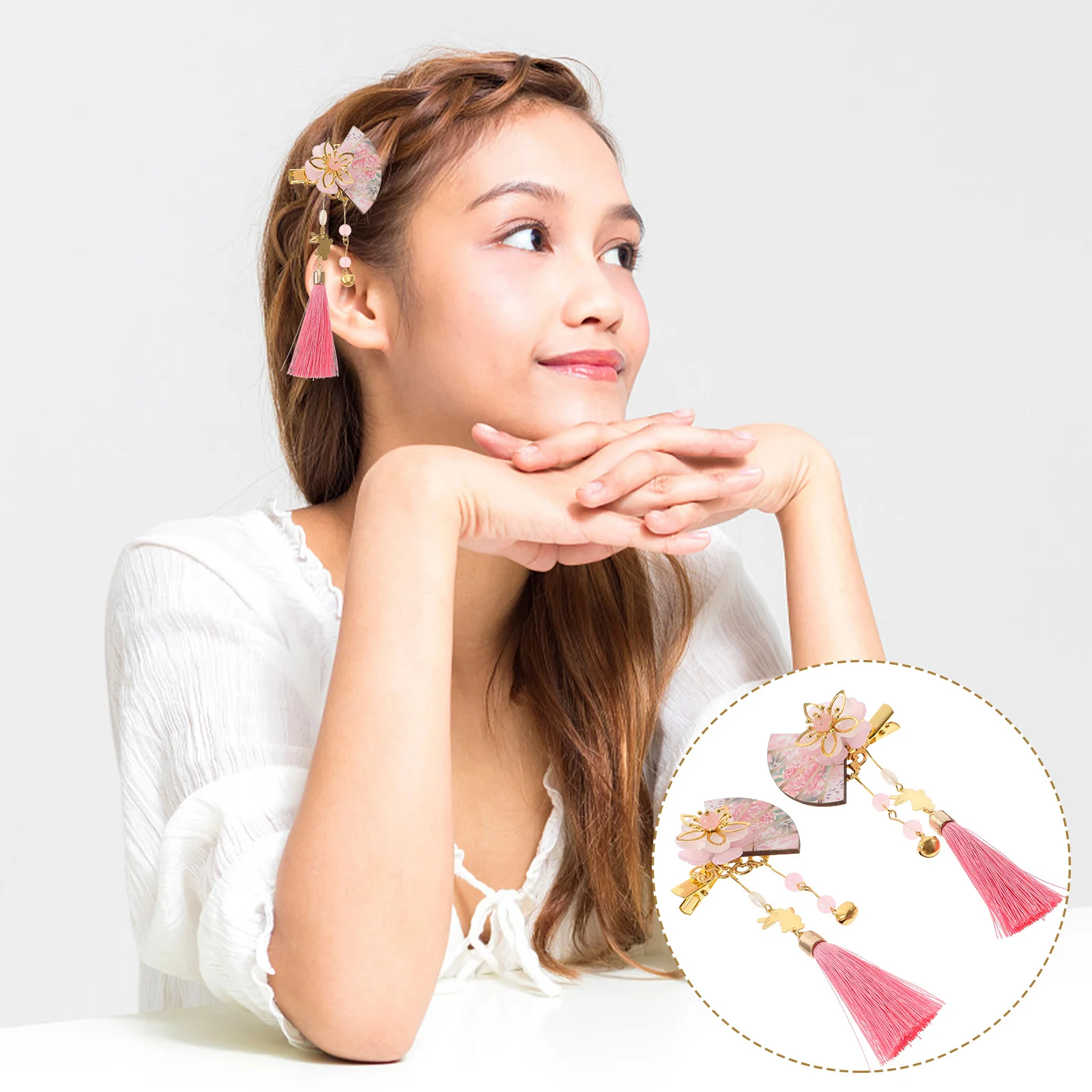 

2 Pcs Fan Barrettes Kids Hair Clips For Girls Kawaii Accessories Hanfu Japanese Hairpin Clips Alloy Cherry Women Bride Kimono