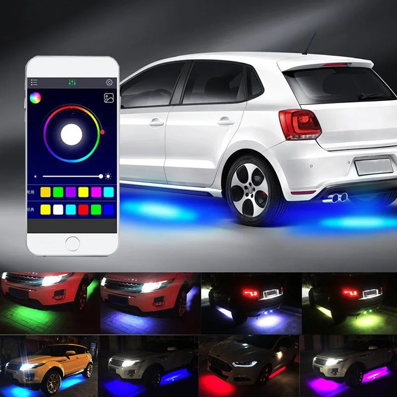 

Car Underglow Neon Accent Strip Light Kit 8 Color Sound Active Function APP/Remote Control 4pcs LED Underbody System Light Strip