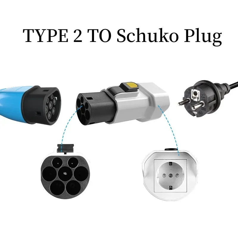 EV charging adapter Portable 220V Type 2 Male Plug to Schuko Socket For EV Charger Connector