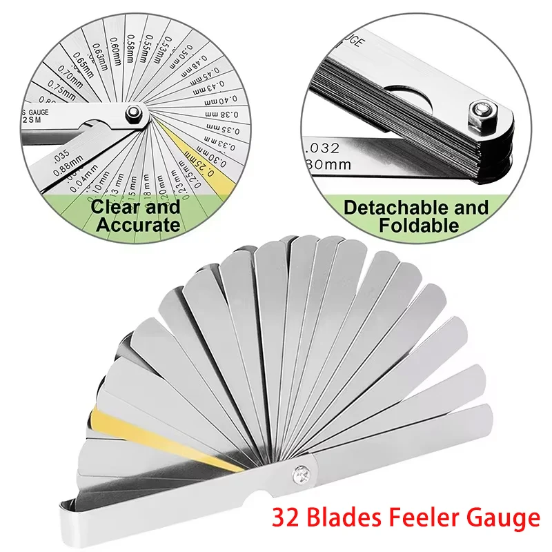 32 Blades Feeler Gauge Stainless Steel 0.04-0.88mm Gap Filler Tune Up Measuring Tool For Bearing Clearances Piston Ring