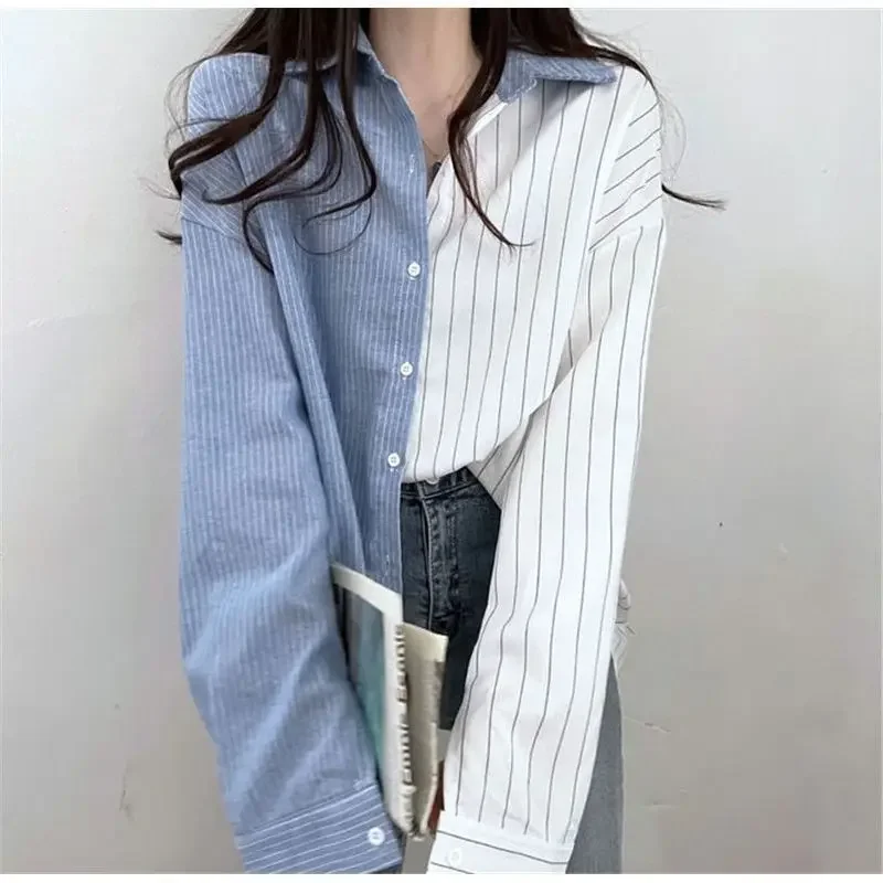 

2023 Autumn and Winter Women's Polo Collar Stripe Button Spliced Cardigan Loose Fashion Elegant Commuter Long Sleeve Tops