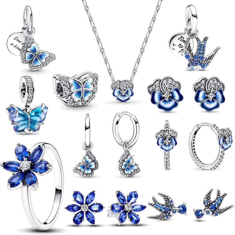 

2024 Spring 925 Silver Charm Blue Butterfly Swallow Charm Pansy Flower Charm Fit Original Pandora Bracelet For Women DIY Jewelry