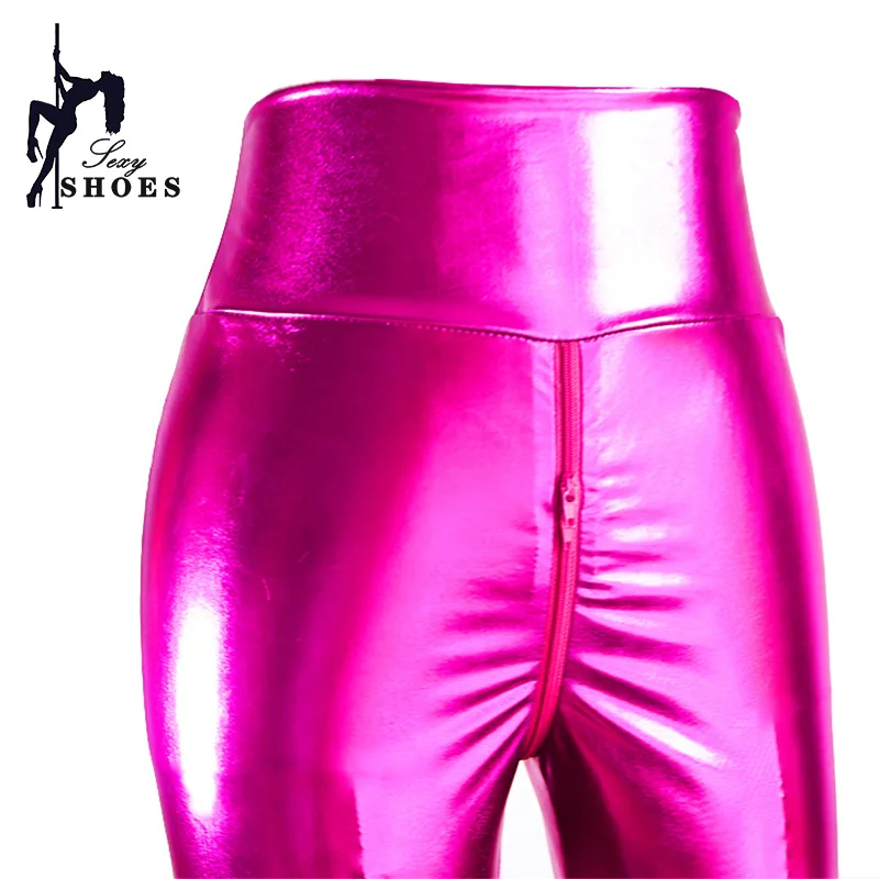 Bright PU leather High Waisted Leggings Nightclub Performances Stage Women's Pants Personalized Double Zipper Open Crotch Pants