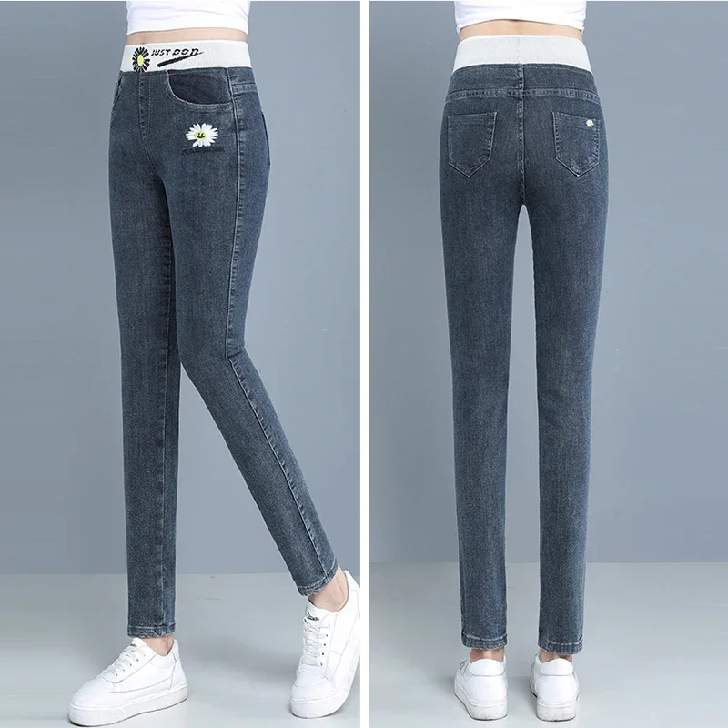 New Casual High Waist Denim Pencil Pants Women Daisy Embroidery 82kg Oversized Skinny Vaqueros Fashion Patchwork Stretch Jeans