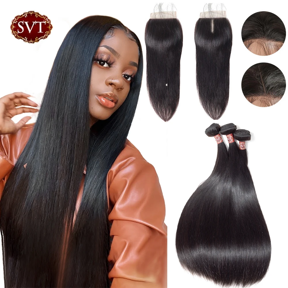 

SVT Hair Peruvian Straight Hair Bundles With Closure 4*4 Lace Closure With Bundles Non-Remy Human Hair 3 Bundle With Closure