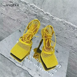 2022 Summer New Sexy Yellow Mesh Pumps Sandals Female Square Toe High Heel Lace Up Cross-tied Stiletto Hollow Dress Shoes