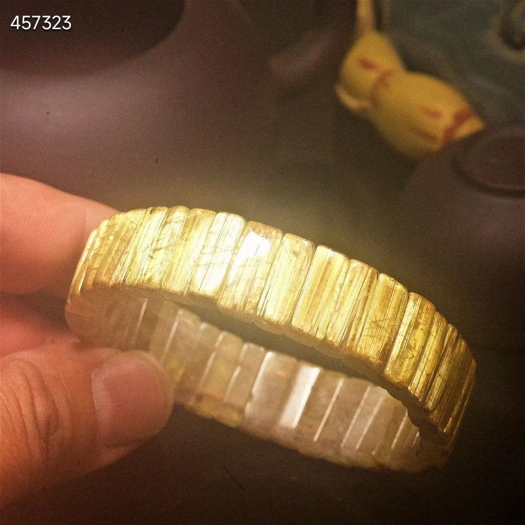 

Natural Gold Rutilated Titanium Quartz Bracelet Brazil Woman Man 14*4mm Clear Rectangle Beads Bangle Wealthy AAAAAA
