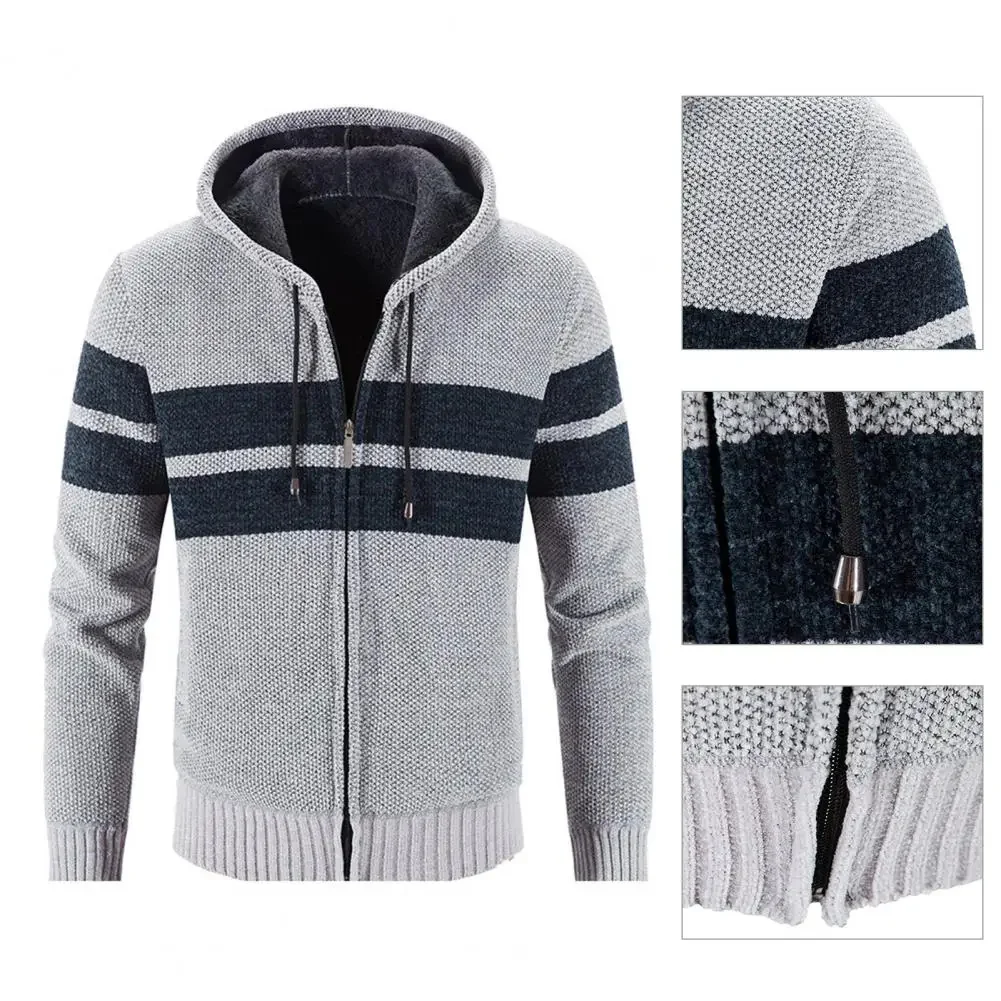 Description Picture 5 of itemFashion New Winter Cardigan Men Striped Hooded Sweater Jackets Casual s Thick Warm Knitting Sweatercoat Clothing