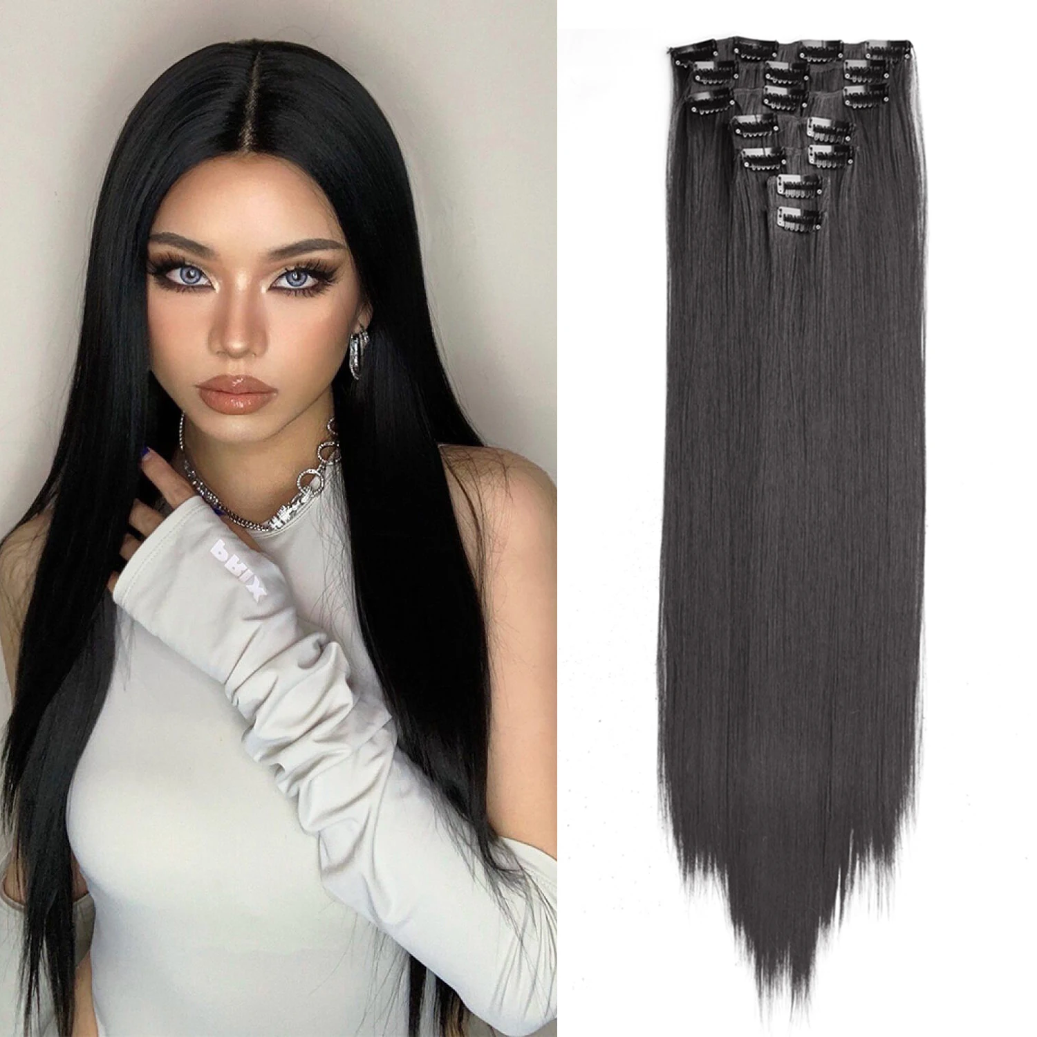 Synthetic Hair Extensions 16 Clips 7Pcs/Set 24 Inch Long Straight Natural Hair High Temperature Fiber Women hair extensions,clip in hair extensions,synthetic braiding hair,clip in hair pieces