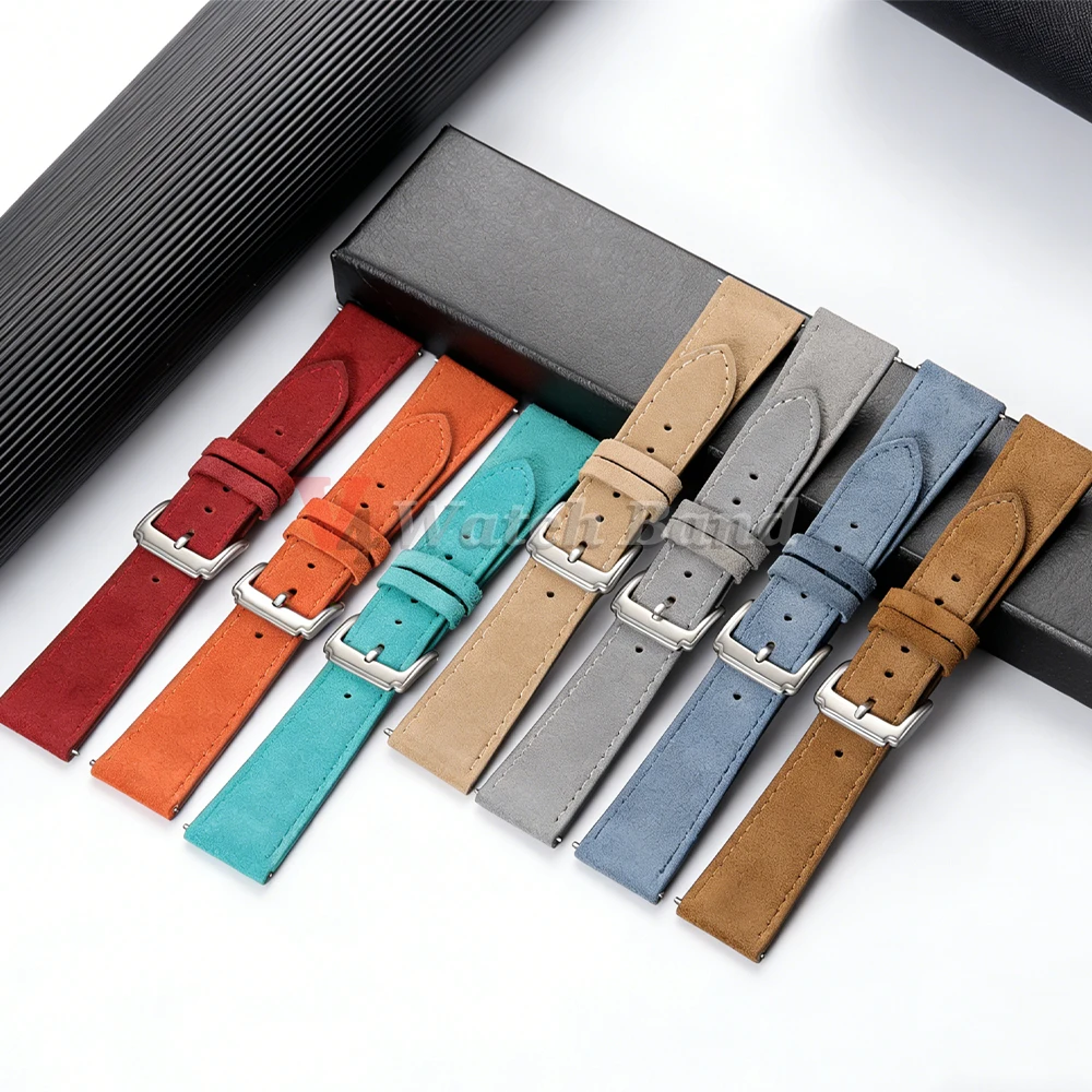 Vintage Suede Leather Quick Release Watch Strap with Calfskin Band and Classic Pin Buckle